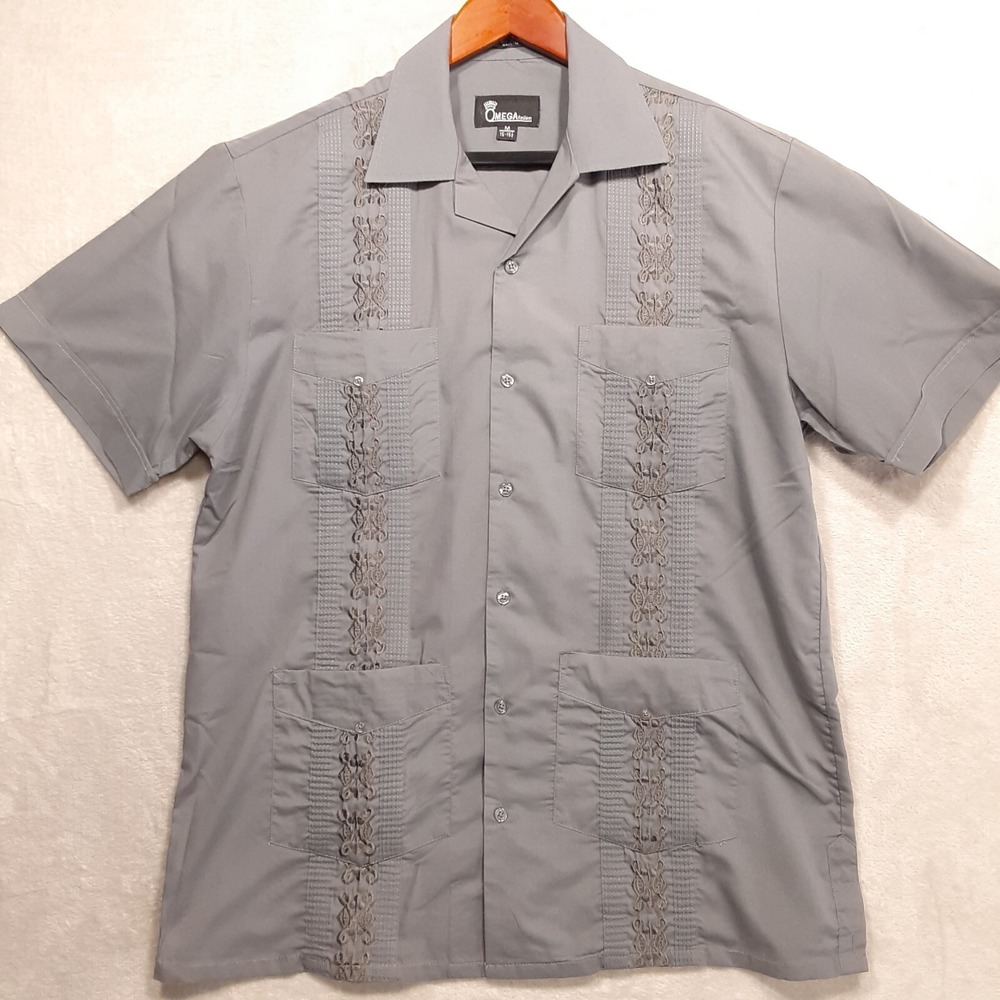 Omega Fashion Mens S/S Button Panel Shirt Sz.M/Gray/Embroidered Guayabera/NWOT!!